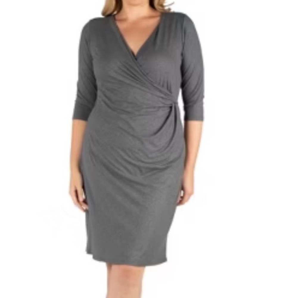 24 seven heather grey stretchy jersey faux wrap dress 3/4 sleeve v neck size 2X